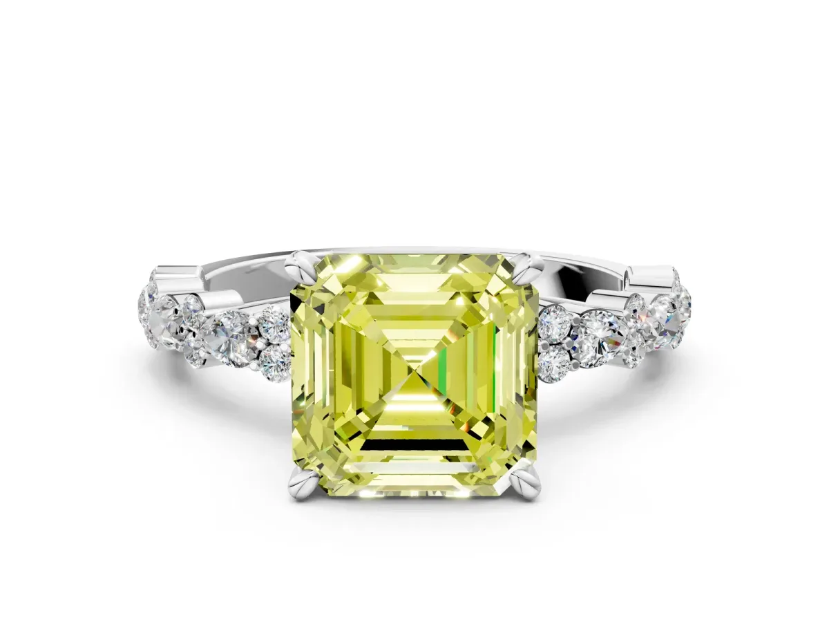Fancy Yellow Asscher Cut Diamond Side Stone Solitaire Ring with Round and Four-Prong Setting Silver