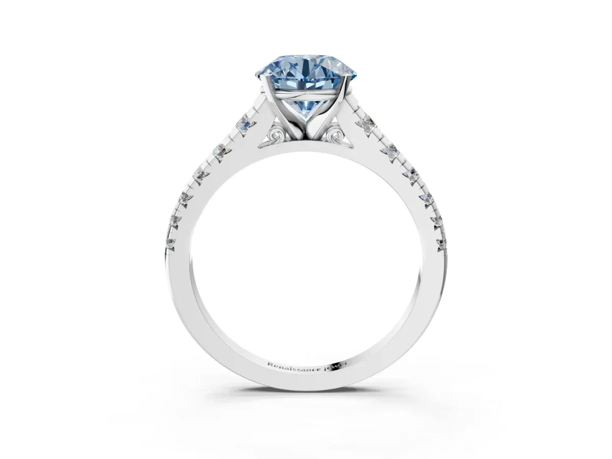 Fancy Blue Round Cut Diamond Cathedral Solitaire Ring with Round Pavé Band Silver