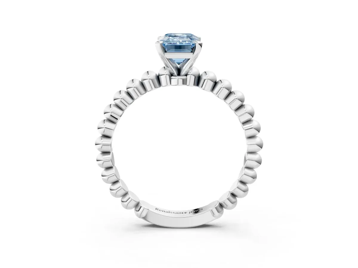 Fancy Blue Emerald Cut Diamond Solitaire Ring with Beaded Band and Prong Setting Silver