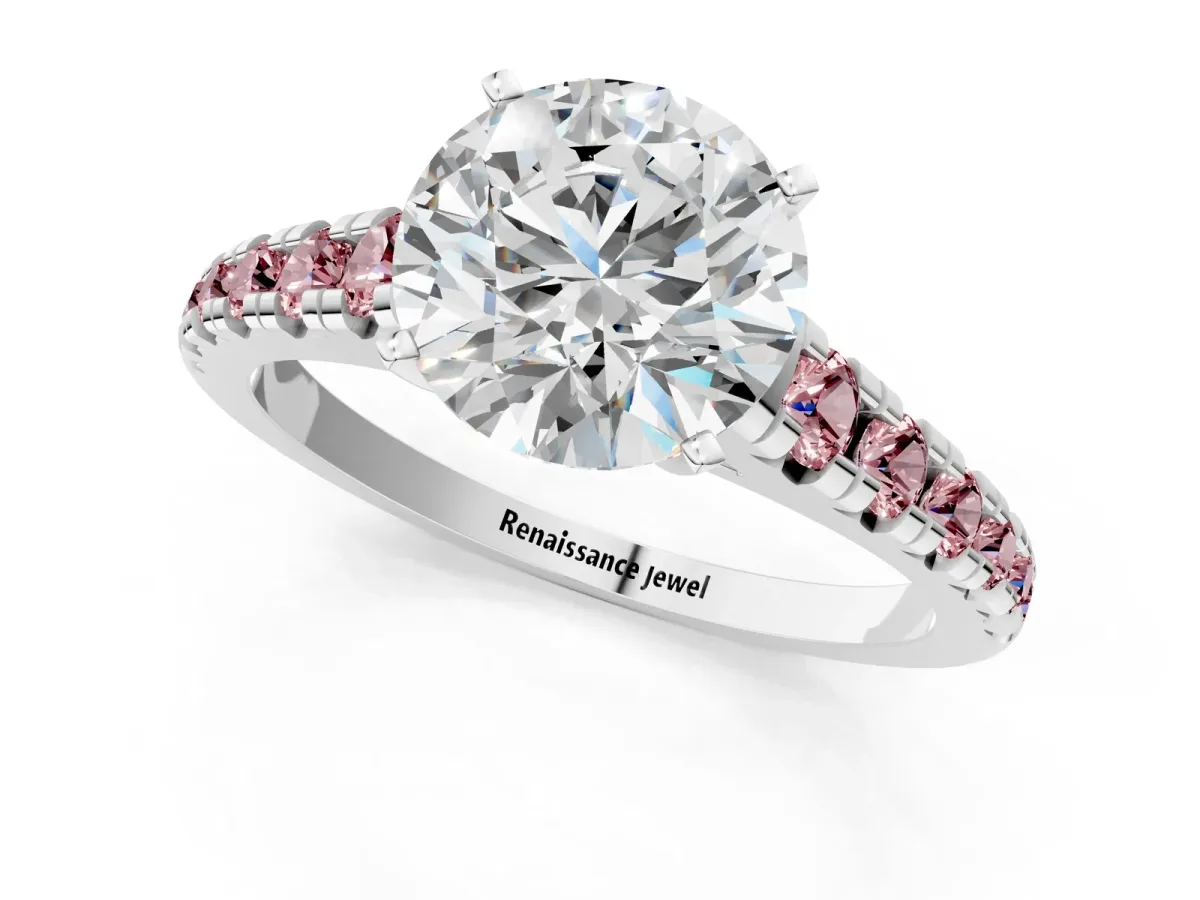 Round Cut Diamond Cathedral Solitaire Ring with Round Morganite Pavé Band Silver