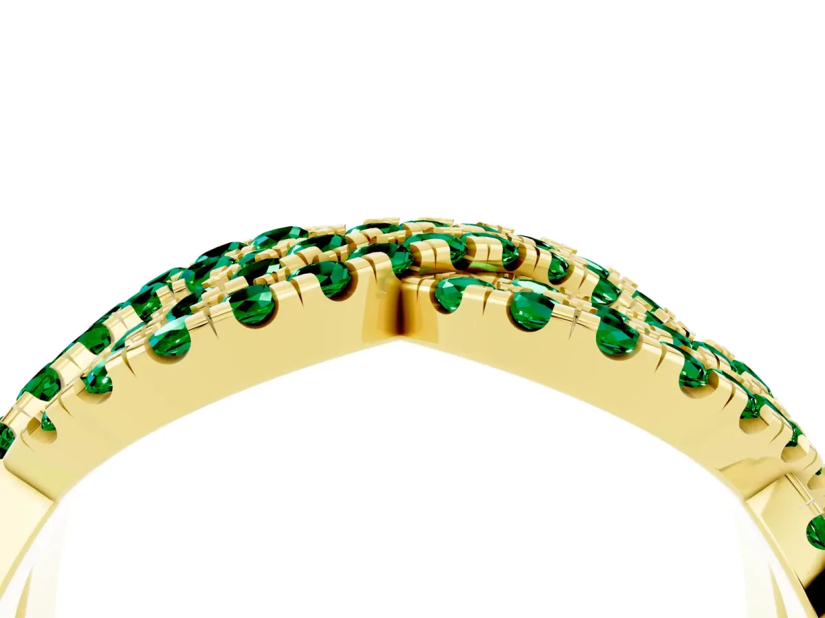 Pavé Round Emerald Infinity Twist Band with Shared Prong Setting Yellow gold