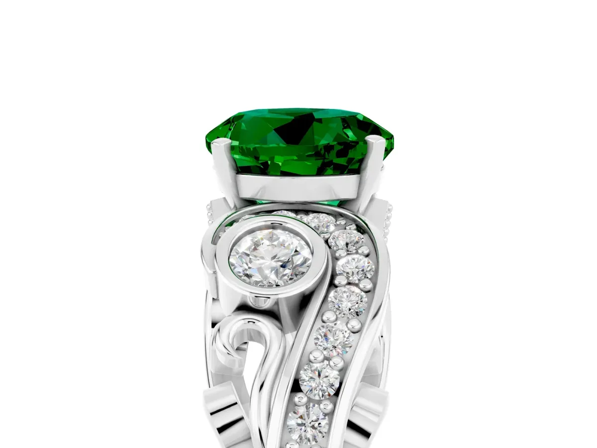 Round Cut Emerald Solitaire Ring with Milgrain Pavé Band and Four-Prong Setting Silver