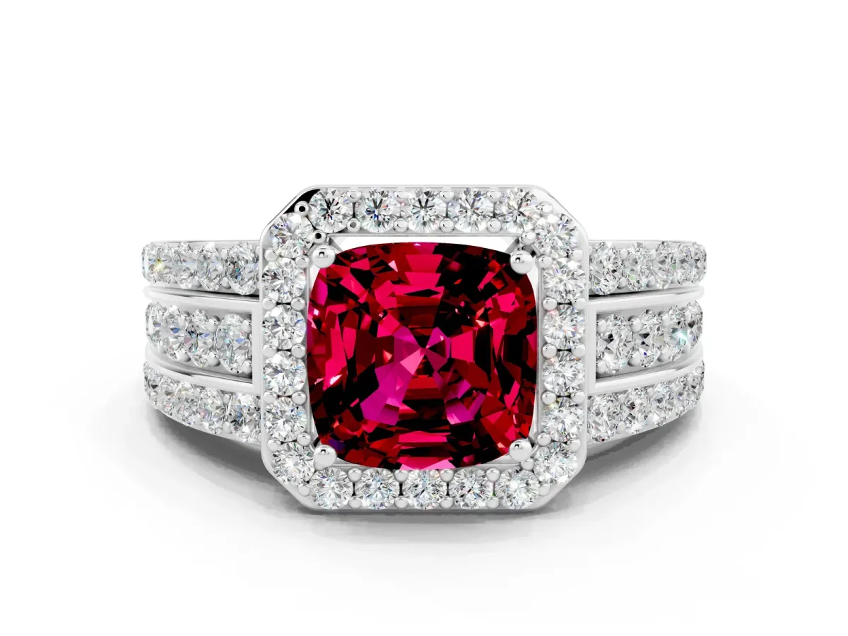 Cushion Cut Halo Garnet Ring with Round Split Shank and Prong Setting Platinum