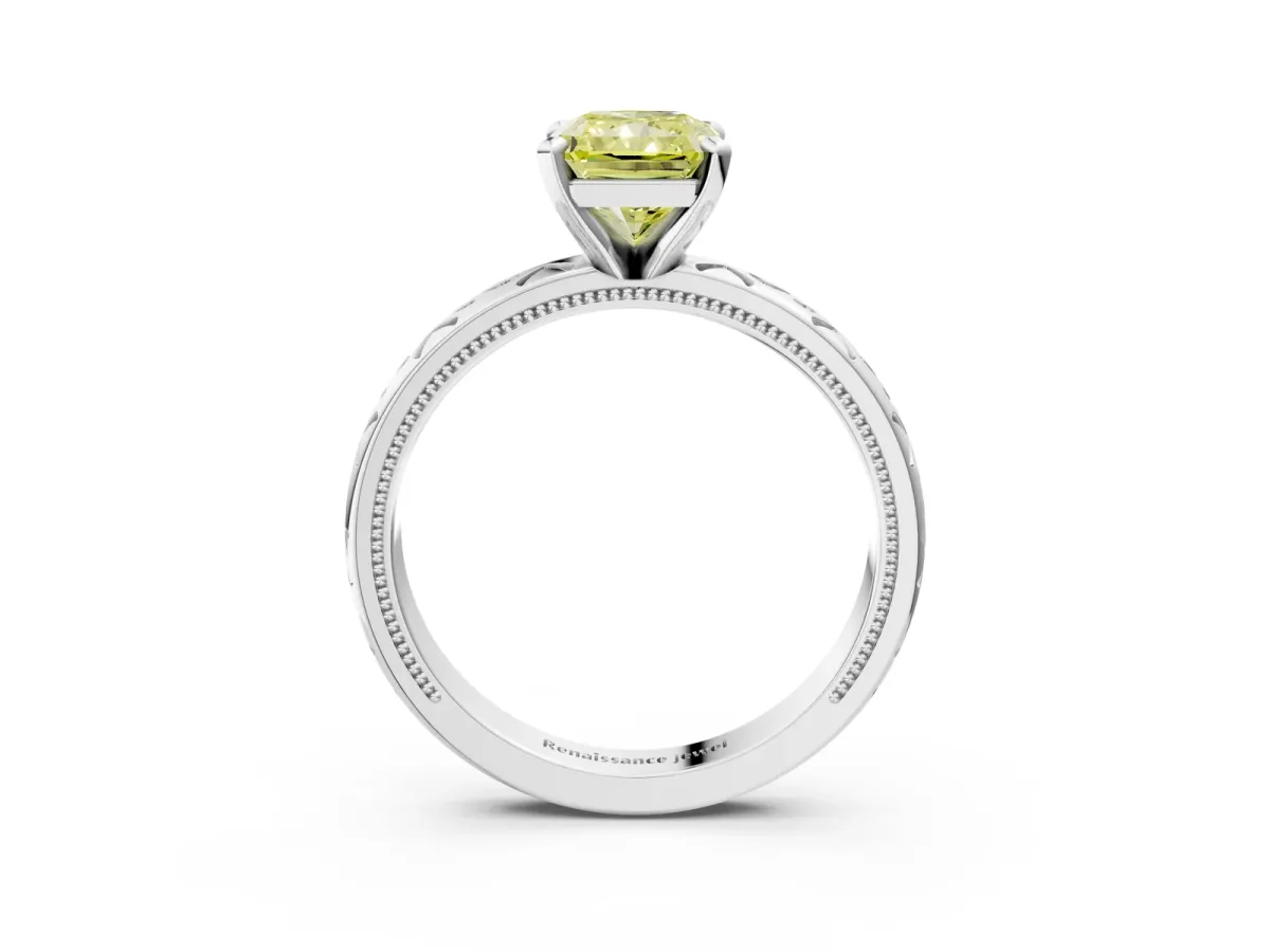 Fancy Yellow Radiant Cut Solitaire Engagement Ring with Scrollwork Band and Four-Prong Setting Platinum