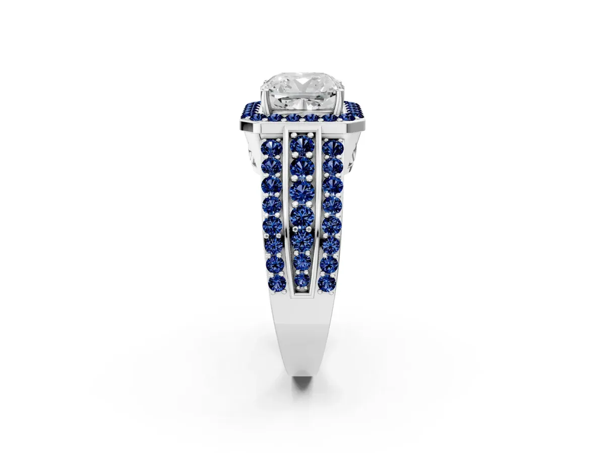 Cushion Cut Halo Diamond Ring with Round Blue Sapphire Split Shank and Prong Setting Silver