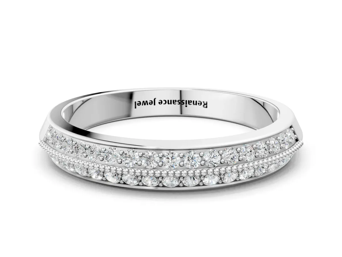 Round Diamond Pave Eternity Band with Milgrain Edging Silver