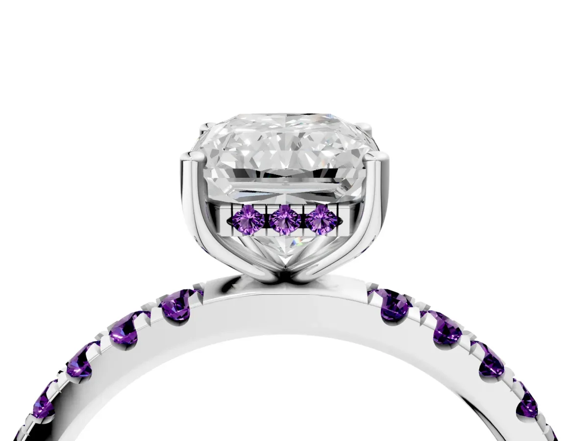 Radiant Cut Diamond Pave Band Solitaire Ring with Round Amethyst and Prong Setting Silver