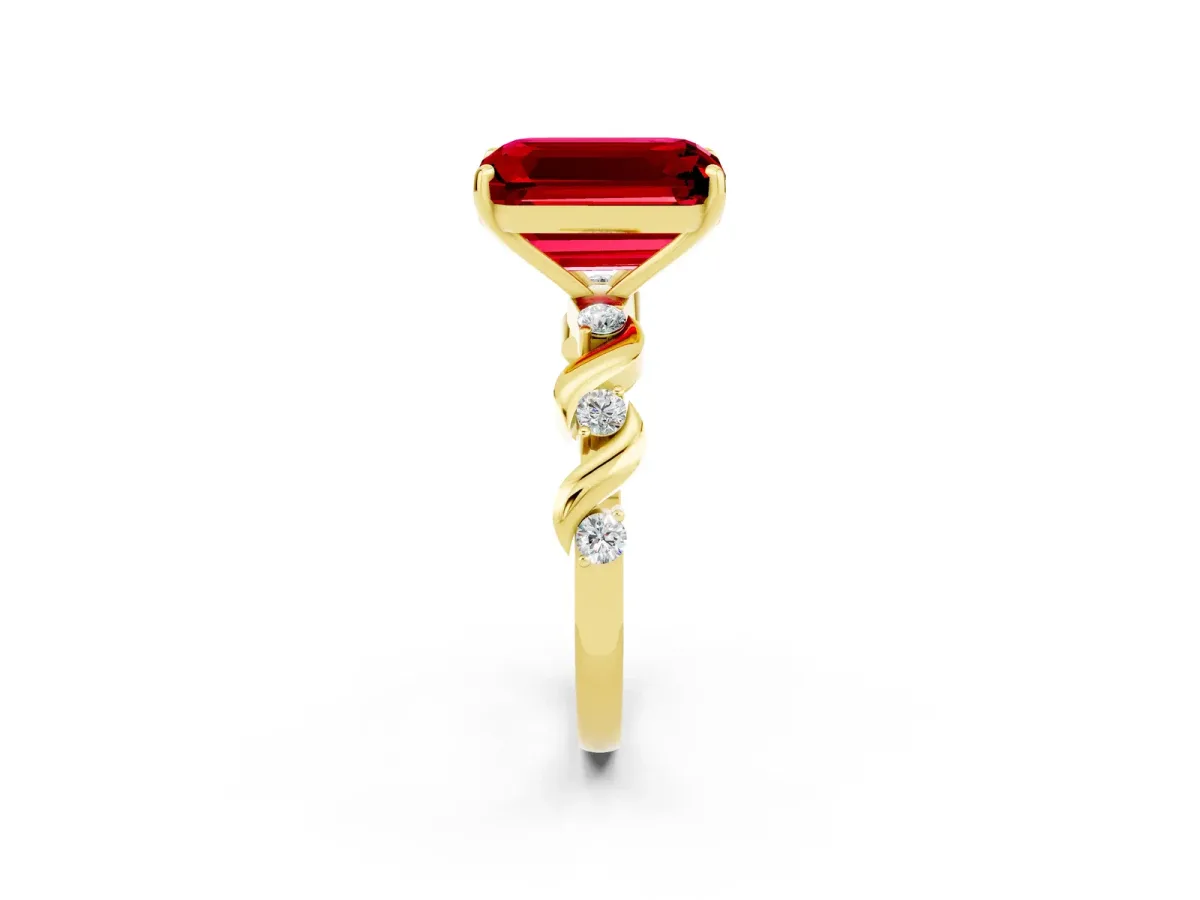 Emerald Cut Ruby Solitaire Twisted Band with Round Accents and Prong Setting Yellow gold