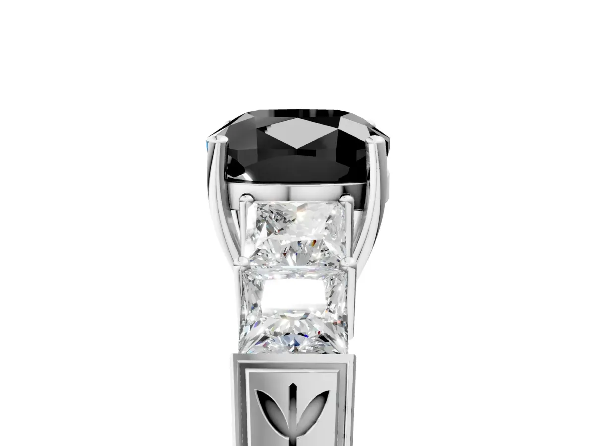 Fancy Black Cushion Cut Solitaire Princess Side Stone Engraved Band Prong Setting Ring Silver