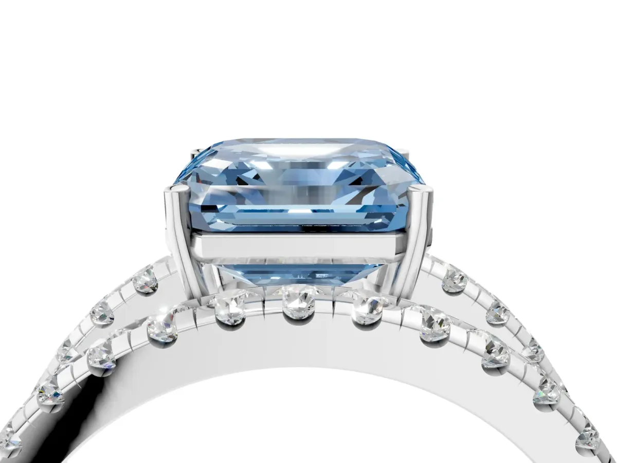 Fancy Blue Asscher Cut Solitaire Split Shank Pave Diamond Ring Platinum