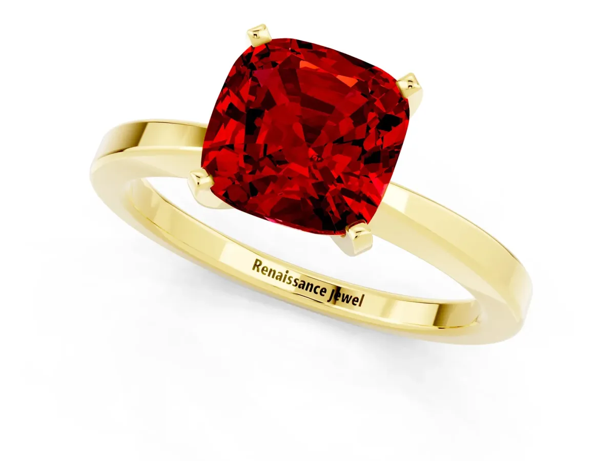 Cushion Cut Ruby Solitaire Engagement Ring with Classic Band and Four-Prong Setting Yellow gold