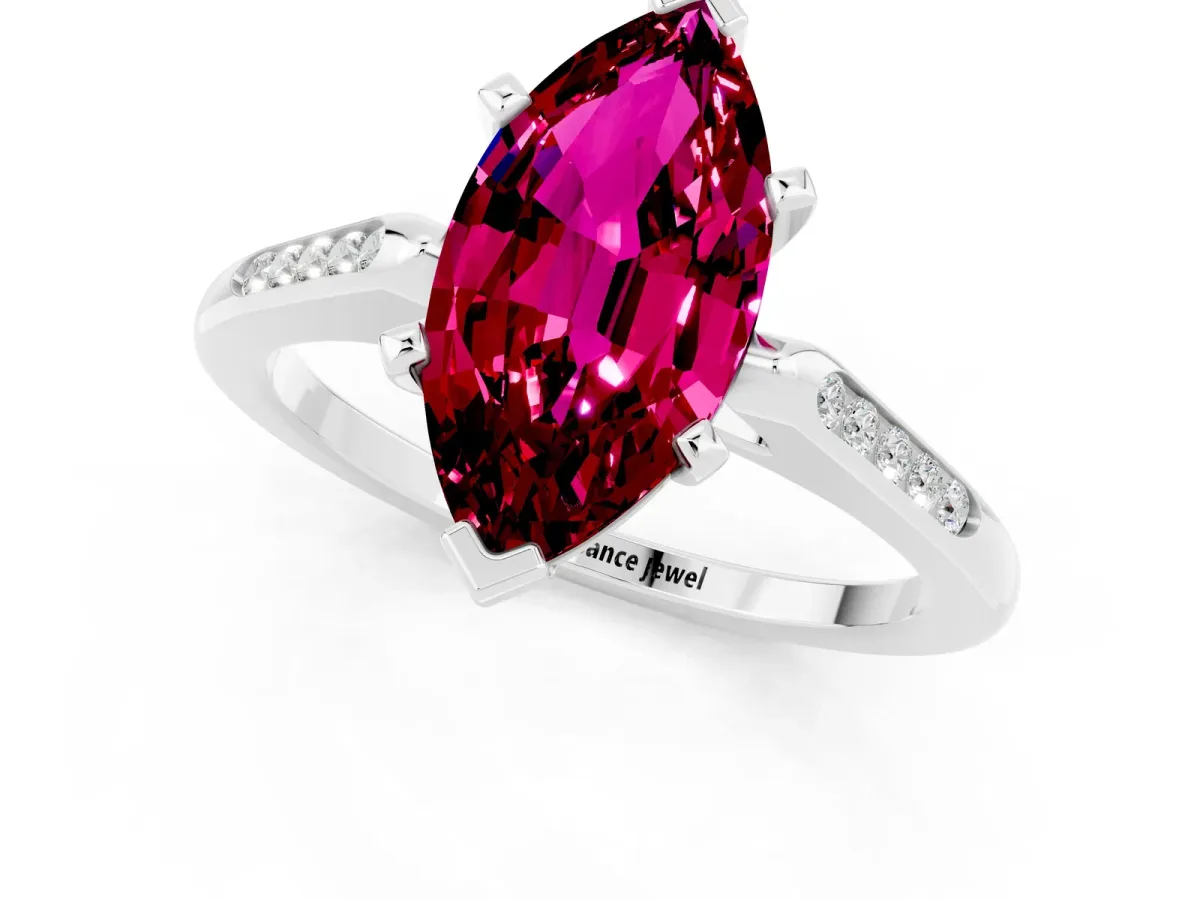 Marquise Cut Garnet Solitaire Ring with Channel Set Round Band and Prong Setting Silver