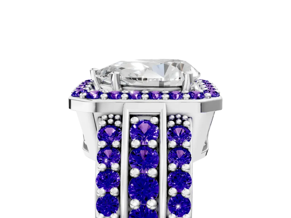 Pear Cut Halo Diamond Ring with Round Tanzanite Split Shank and Prong Setting Platinum