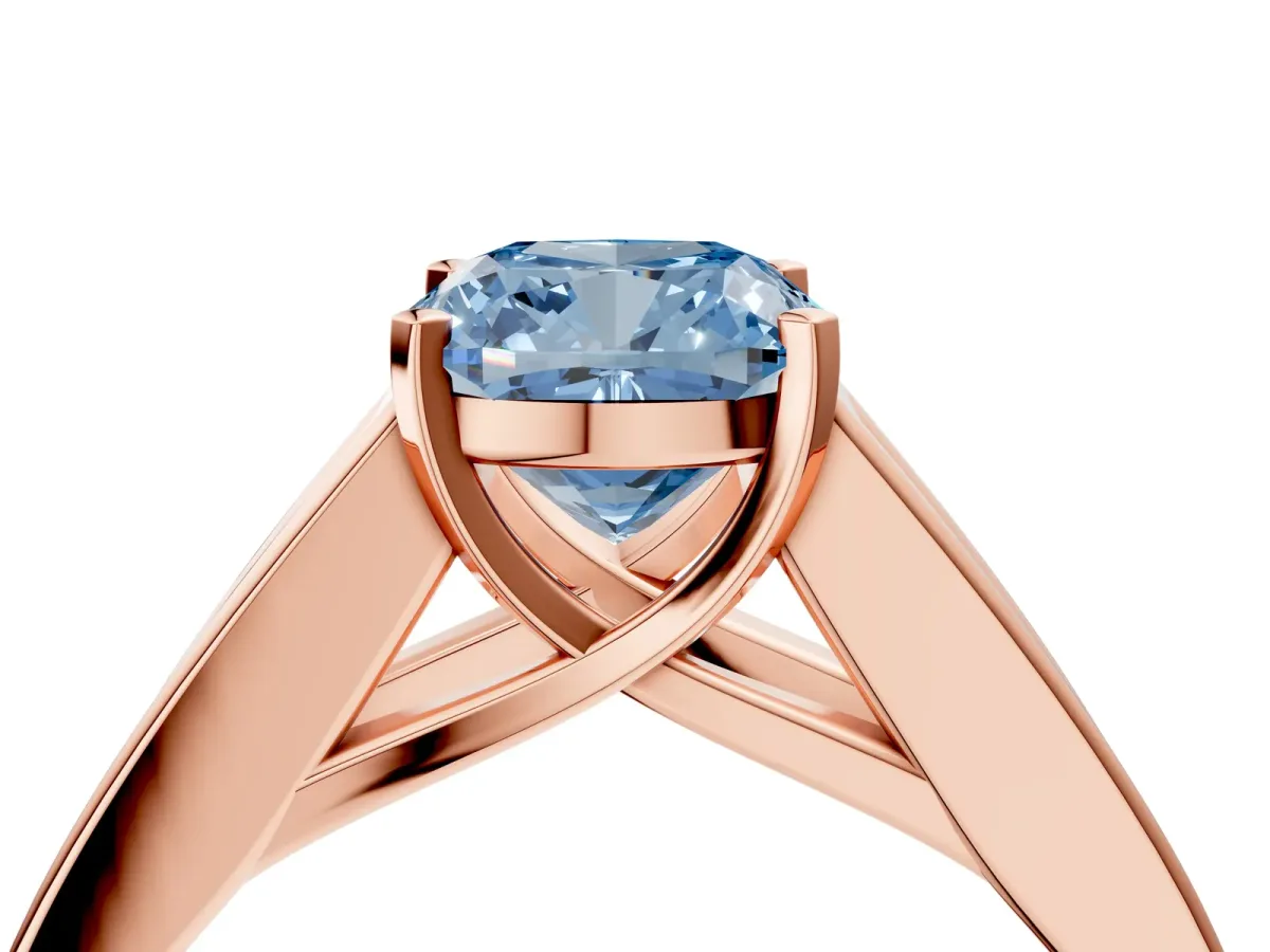 Fancy Blue Cushion Cut Cut Channel Set Solitaire Ring with Four-Prong Setting Rose gold