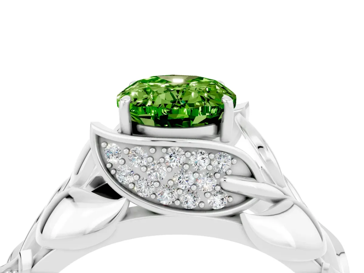 Oval Cut Peridot Leaf-Inspired Engagement Ring with Round Accents and Prong Setting Platinum