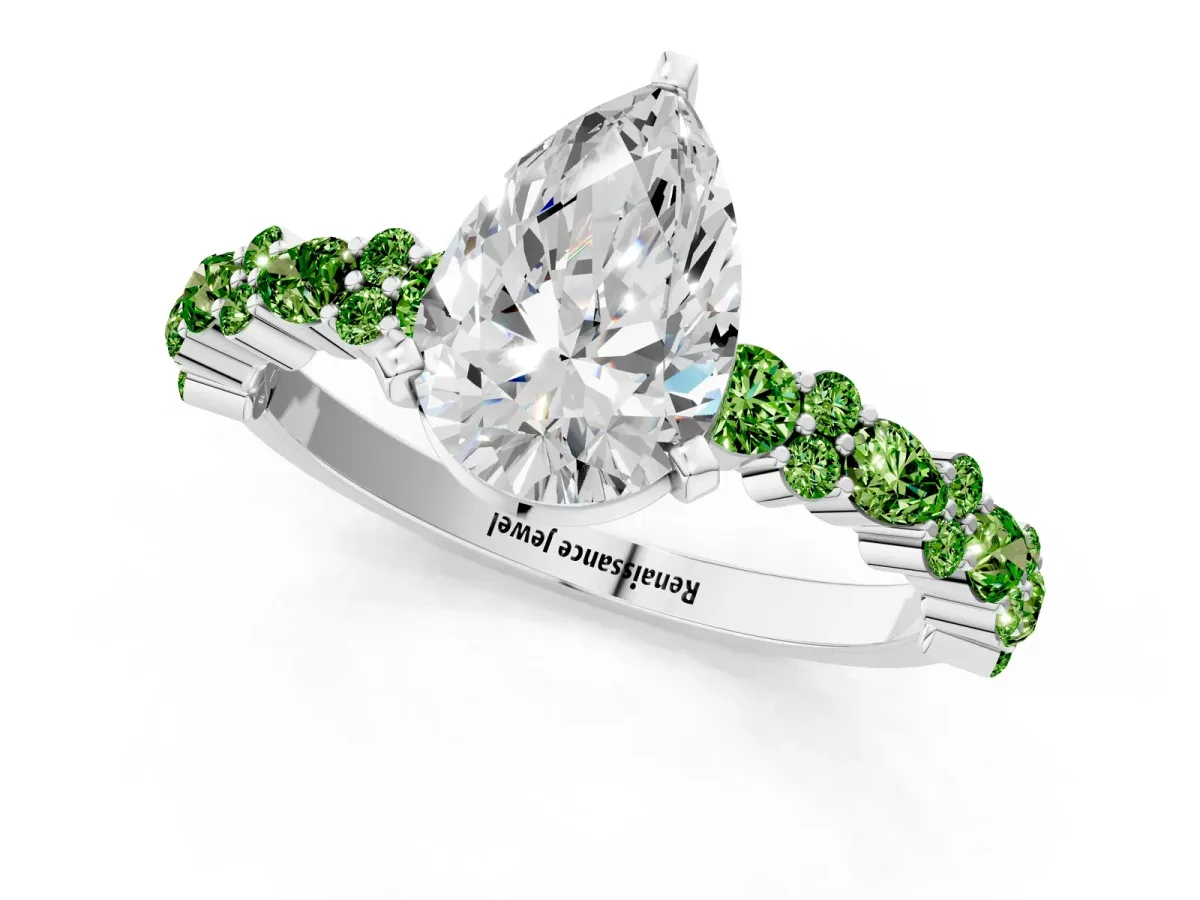 Pear Cut Diamond Side Stone Solitaire Ring with Round Peridot and Four-Prong Setting White gold