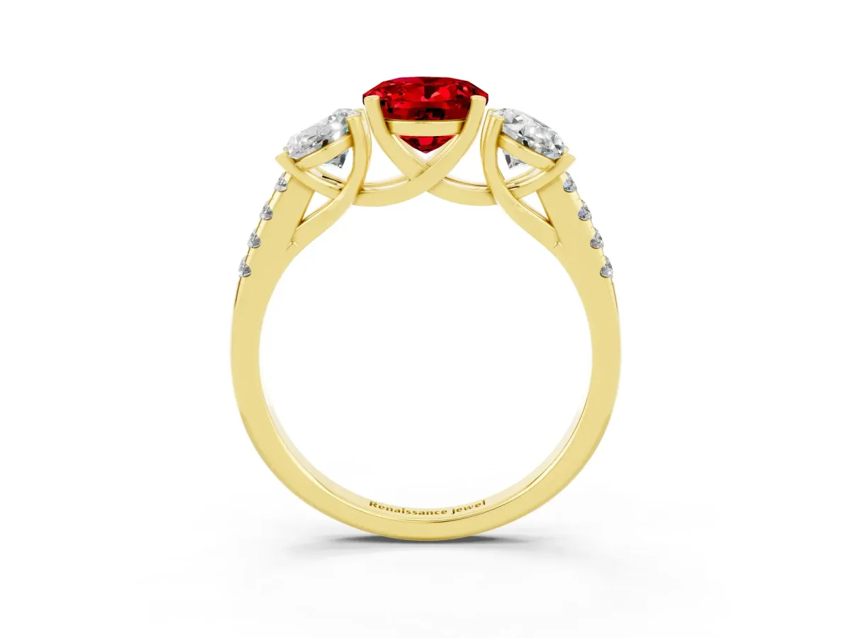 Three-Stone Oval Cut Ruby Ring with Round Pavé Band and Prong Setting Yellow gold
