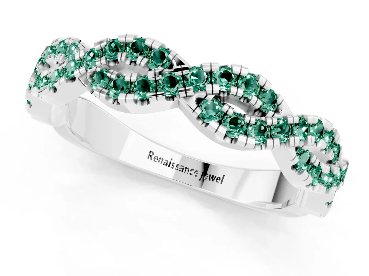 Round Green Sapphire Twisted Eternity Band with Pavé and Shared Prong Setting Silver