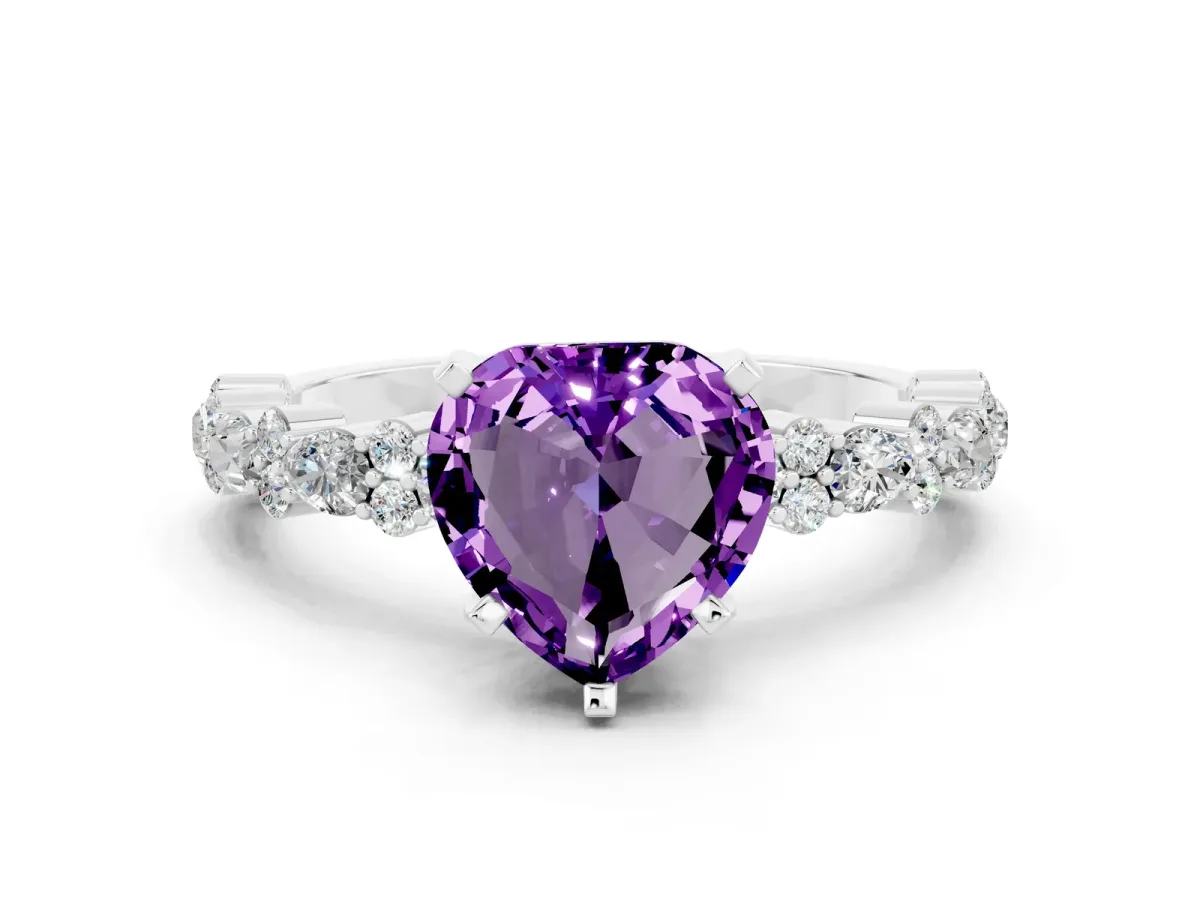 Heart Cut Amethyst Side Stone Solitaire Ring with Round and Four-Prong Setting Platinum