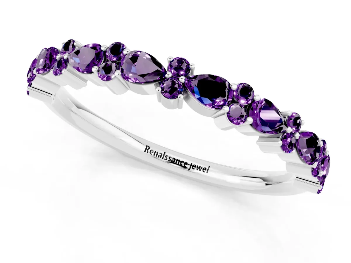Pear and Round Amethyst Wedding Band Silver