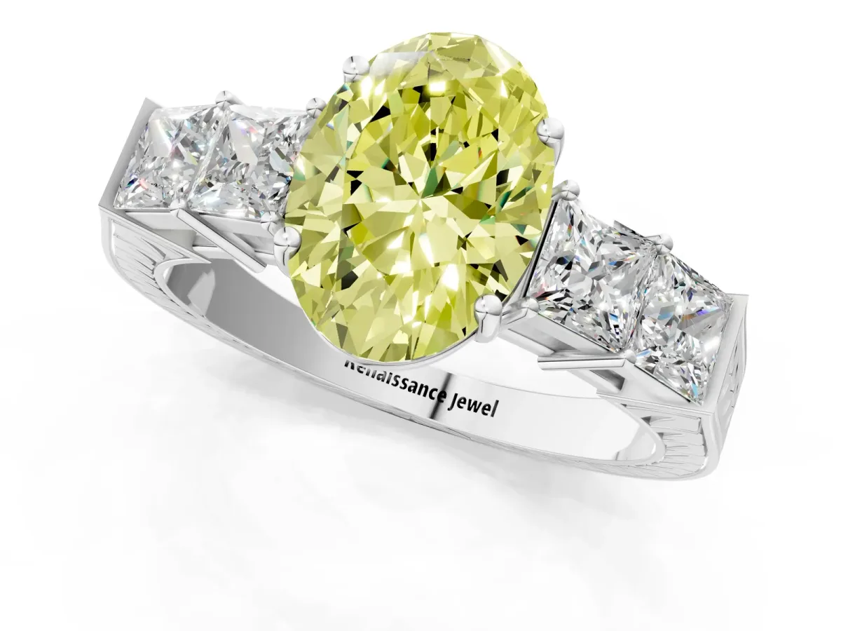 Fancy Yellow Oval Cut Solitaire Princess Side Stone Engraved Band Prong Setting Ring Platinum