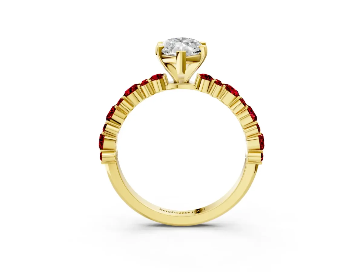 Marquise Cut Diamond Side Stone Solitaire Ring with Round Ruby and Four-Prong Setting Yellow gold