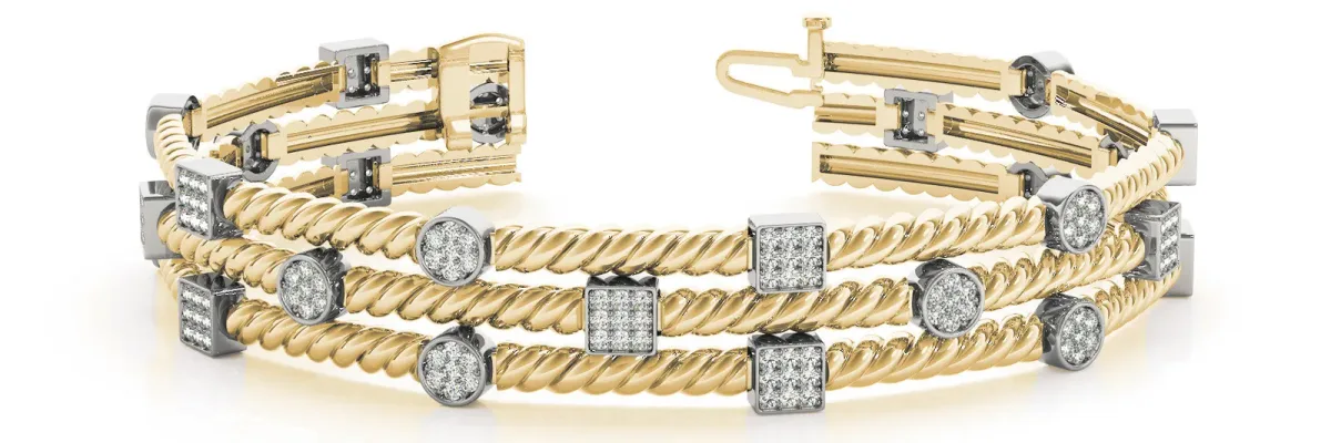 Pave Set Round and Square Diamond Twisted Cable Bracelet Yellow gold