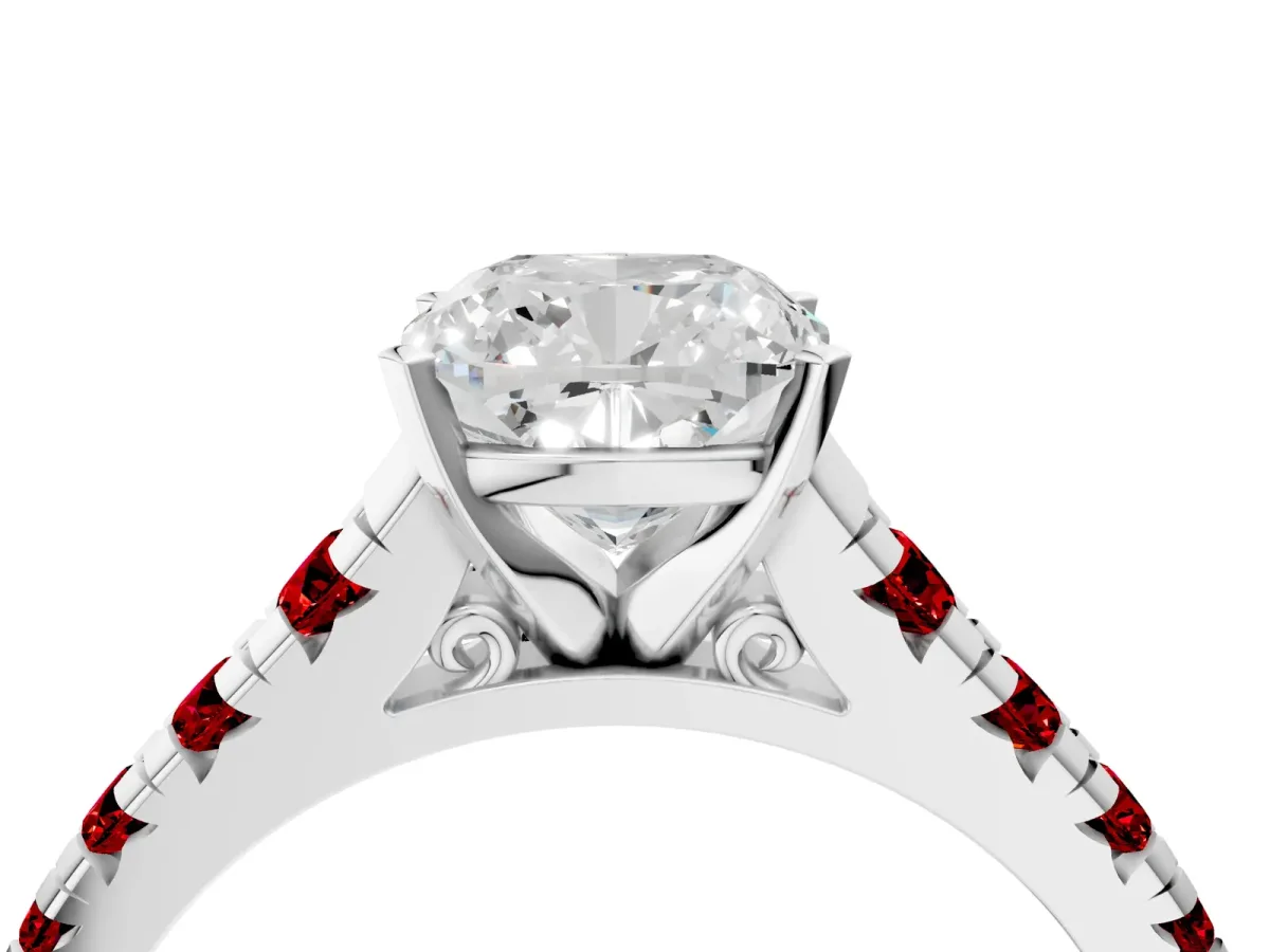 Cushion Cut Diamond Cathedral Solitaire Ring with Round Ruby Pavé Band White gold