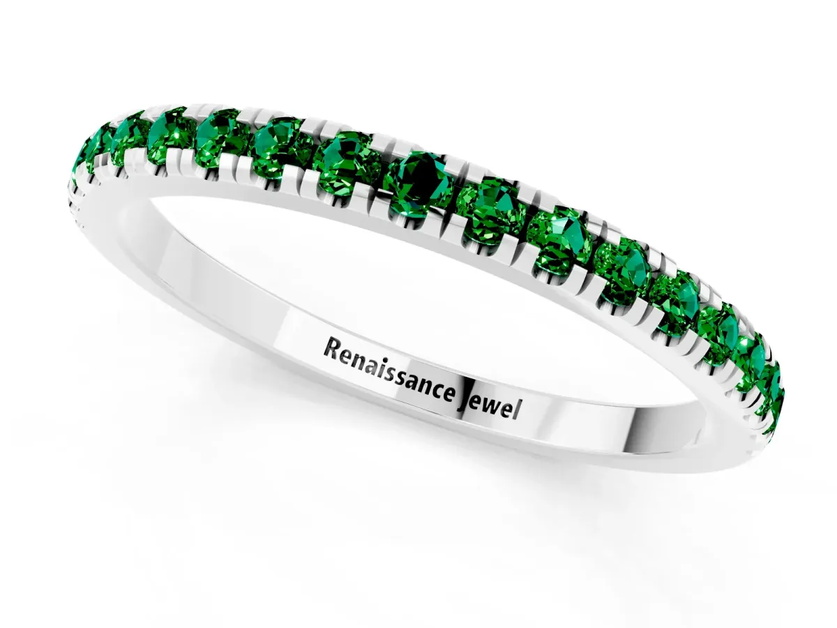 Pavé Round Emerald Half Eternity Band with Shared Prong Setting Platinum