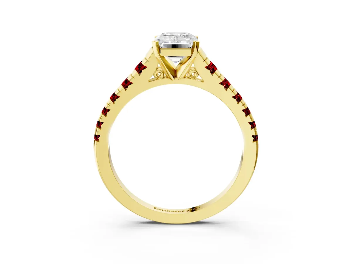 Emerald Cut Diamond Cathedral Solitaire Ring with Round Ruby Pavé Band Yellow gold