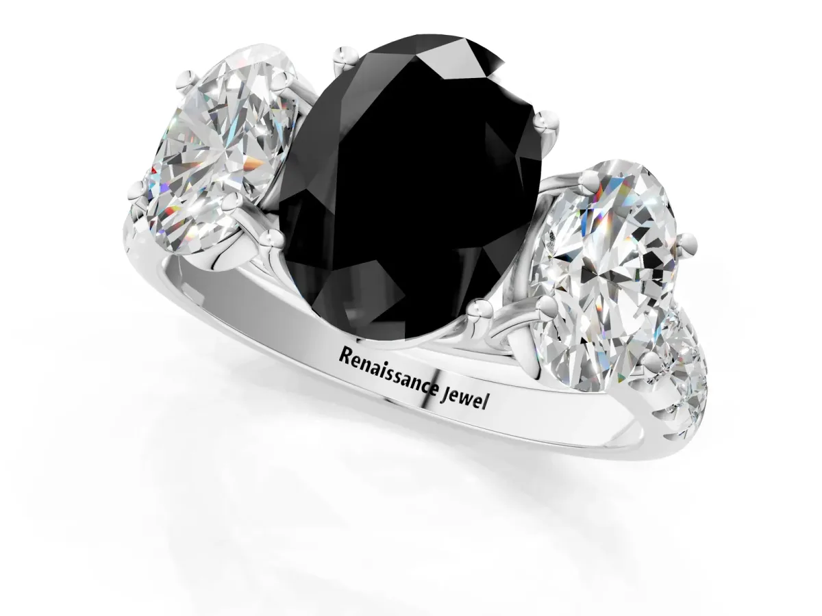 Fancy Black Three-Stone Oval Cut Diamond Pavé Band with Prong Setting Platinum