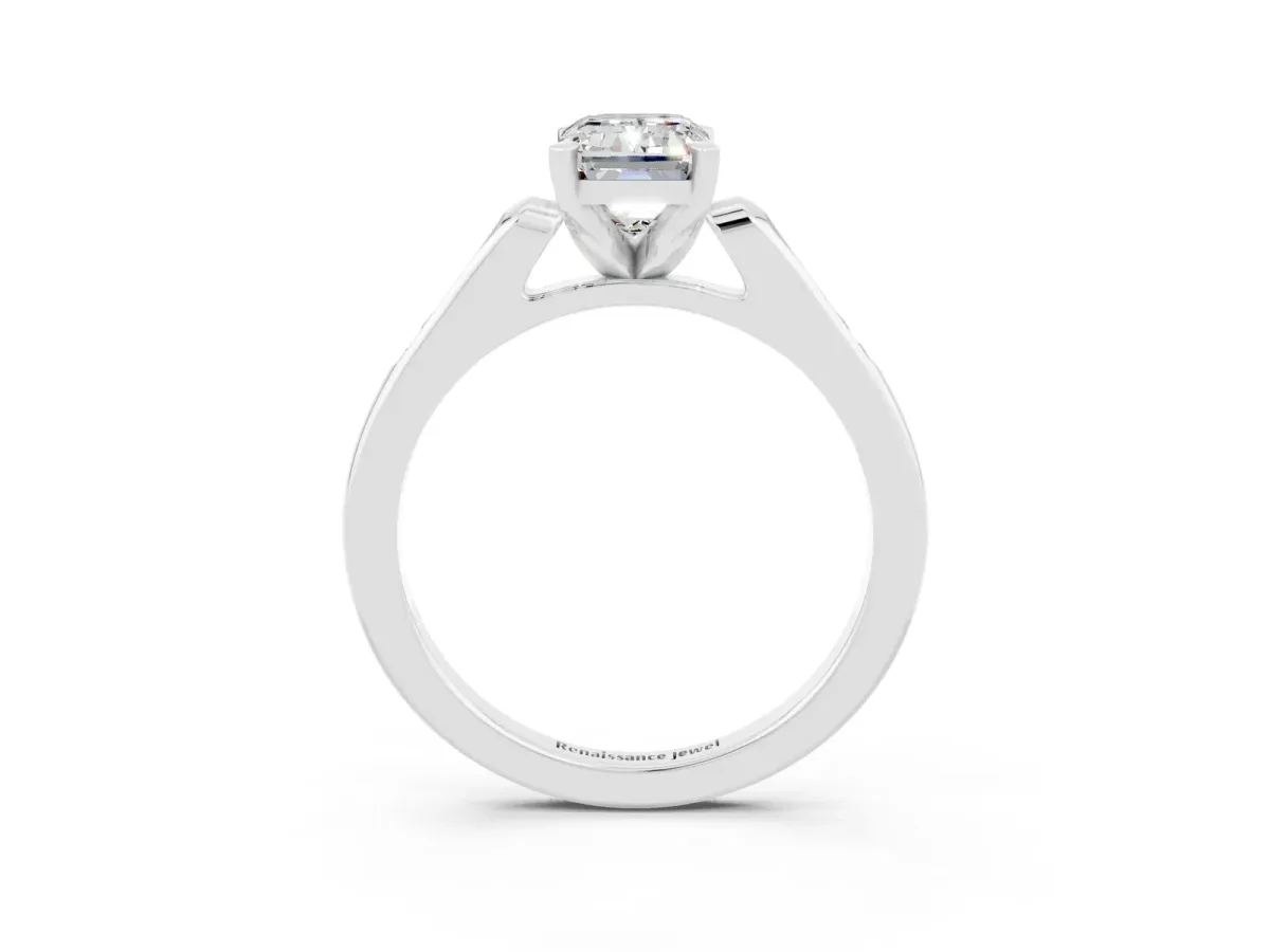 Emerald Cut Moissanite Solitaire Ring with Channel Set Round Band and Prong Setting Silver