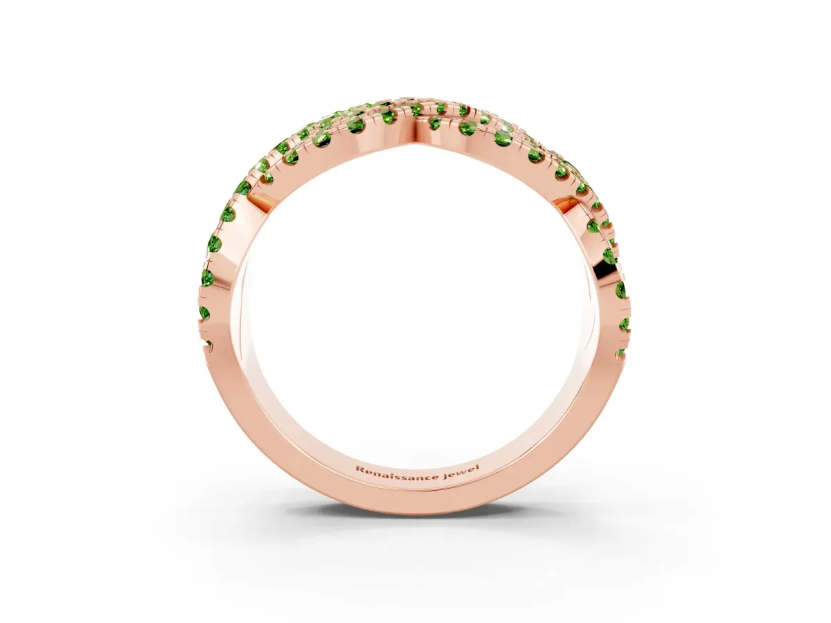 Pavé Round Peridot Infinity Twist Band with Shared Prong Setting Rose gold