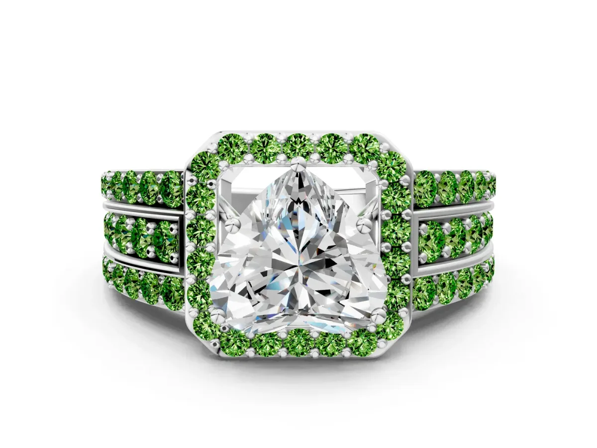 Heart Cut Halo Diamond Ring with Round Peridot Split Shank and Prong Setting Silver