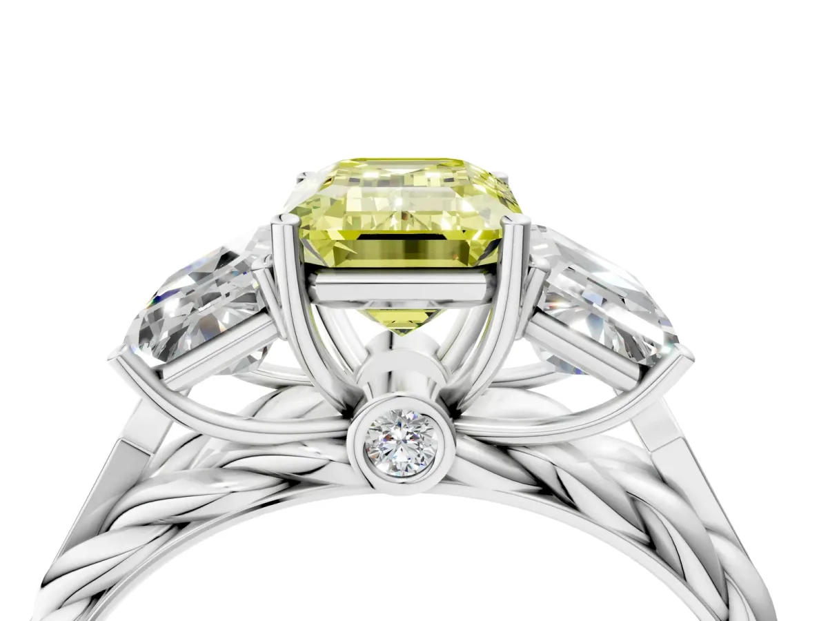 Fancy Yellow Three-Stone Emerald Cut Diamond Braided Band Ring with Four-Prong Setting Platinum