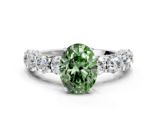 Fancy Green Oval Cut Diamond Side Stone Engagement Ring with Four-Prong Setting White gold