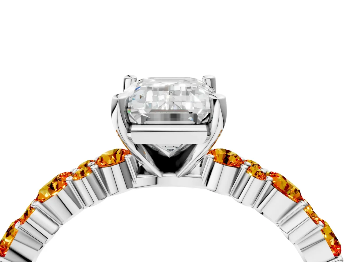 Emerald Cut Diamond Side Stone Solitaire Ring with Round Citrine and Four-Prong Setting White gold