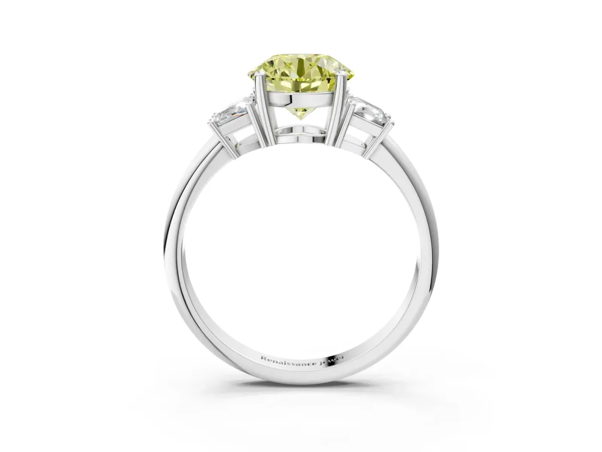 Fancy Yellow Round Cut Diamond Three-Stone Ring with Trapezoid Side Stones and Prong Setting Platinum