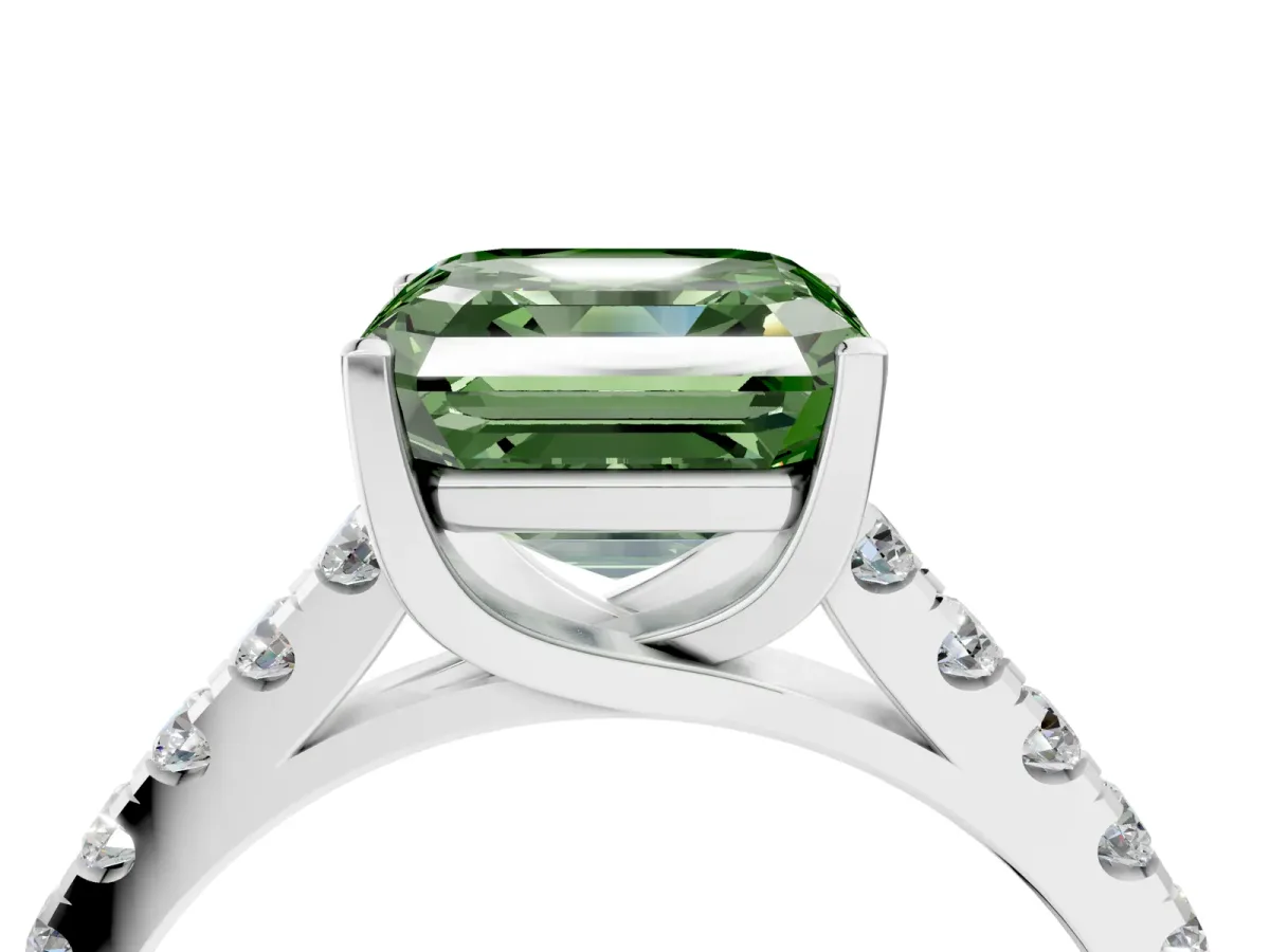 Fancy Green Asscher Cut Diamond Pavé Band Solitaire Ring with Prong Setting Platinum