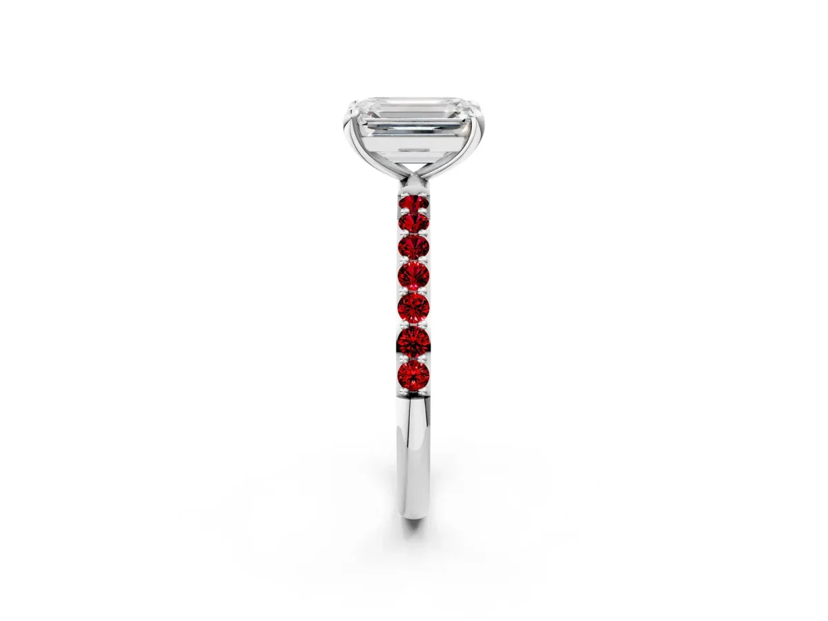 Emerald Cut Diamond Solitaire Ring with Round Ruby Pavé Band and Prong Setting Platinum