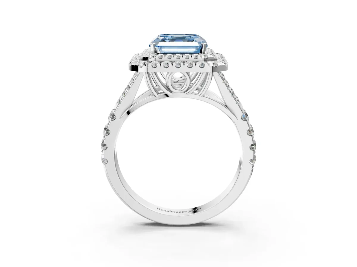Fancy Blue Asscher Cut Cut Double Halo Split Shank Diamond Ring with Prong Setting Platinum