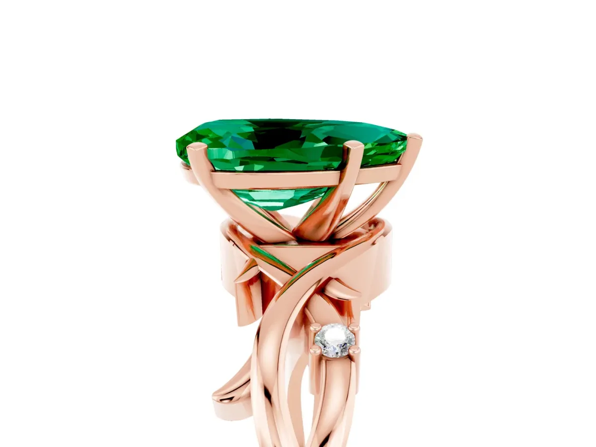 Pear Cut Emerald Solitaire Ring with Twisted Band and Prong Setting Rose gold