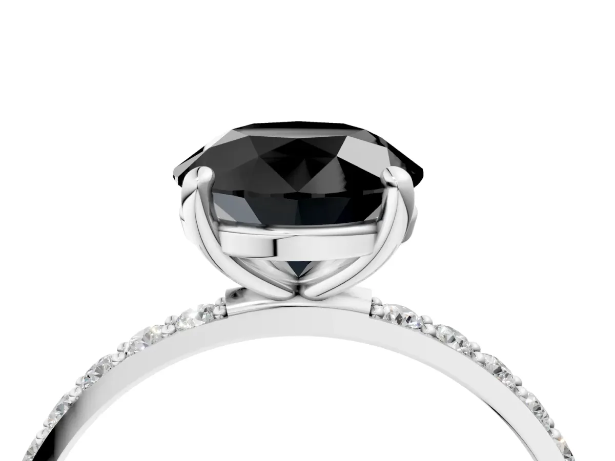 Fancy Black Round Cut Diamond Solitaire Ring with Round Pavé Band and Prong Setting Silver