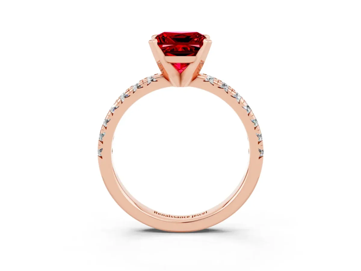 Princess Cut Ruby Solitaire Pavé Engagement Ring with Round Band and Prong Setting Rose gold