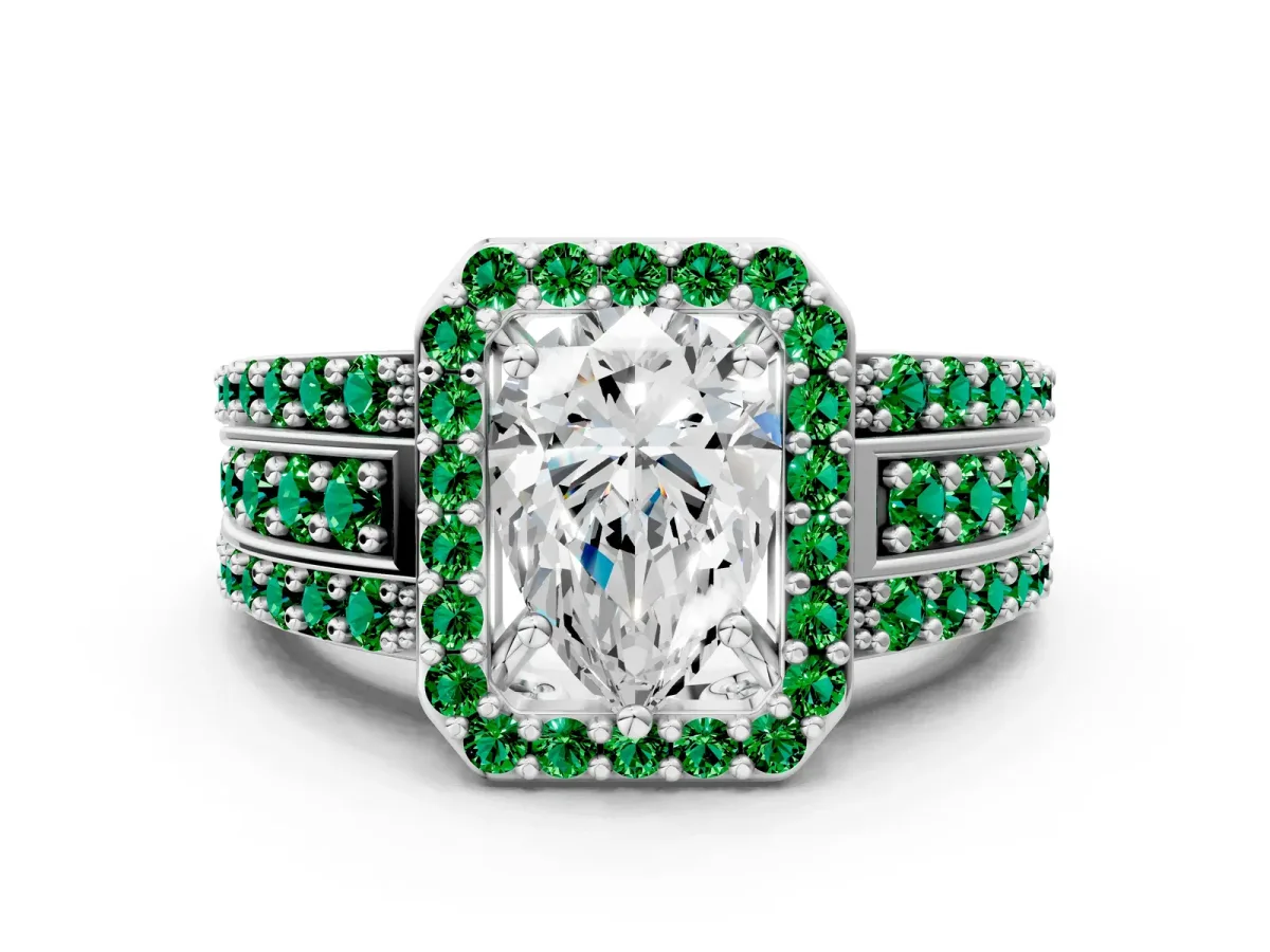 Pear Cut Halo Diamond Ring with Round Emerald Split Shank and Prong Setting White gold