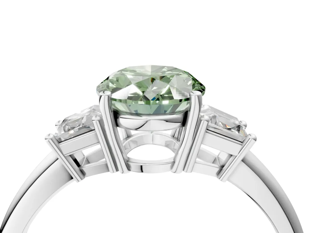 Fancy Green Oval Cut Diamond Three-Stone Ring with Trapezoid Side Stones and Prong Setting Platinum