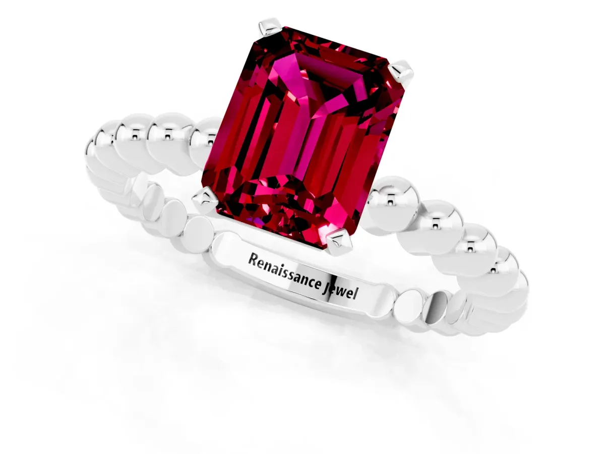 Emerald Cut Garnet Solitaire Ring with Beaded Band and Prong Setting Silver