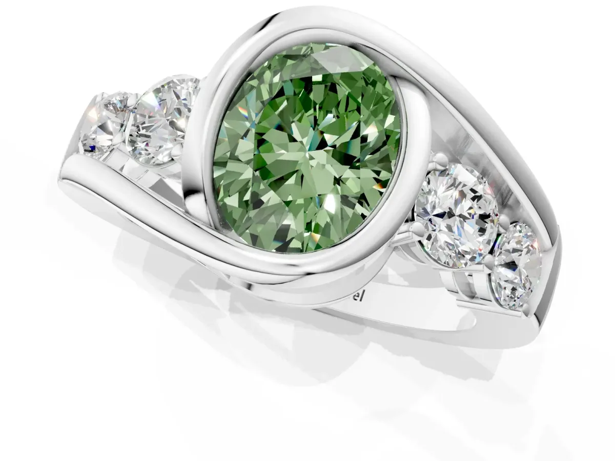 Fancy Green Bezel Set Oval Cut Diamond Bypass Ring with Round Accents Silver