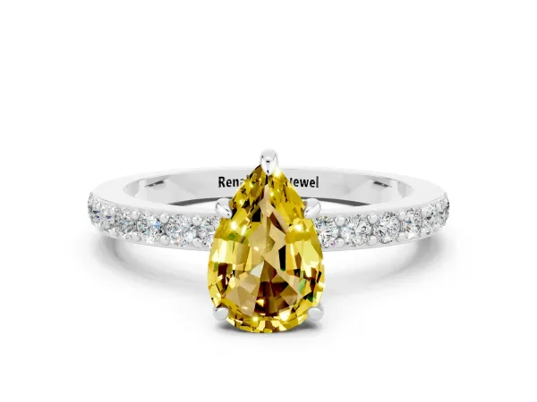 Pear Cut Yellow Sapphire Solitaire Engagement Ring with Pavé Band and Four-Prong Setting Platinum