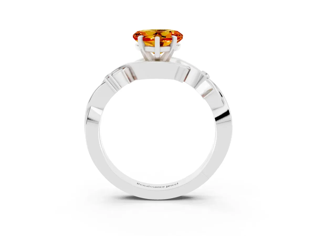Heart Cut Citrine Solitaire Ring with Twisted Band and Prong Setting Platinum